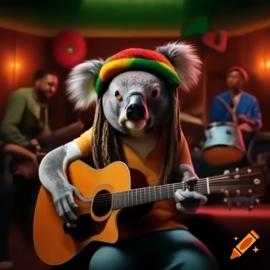 Rasta koala playing reggae music in recording studio with band