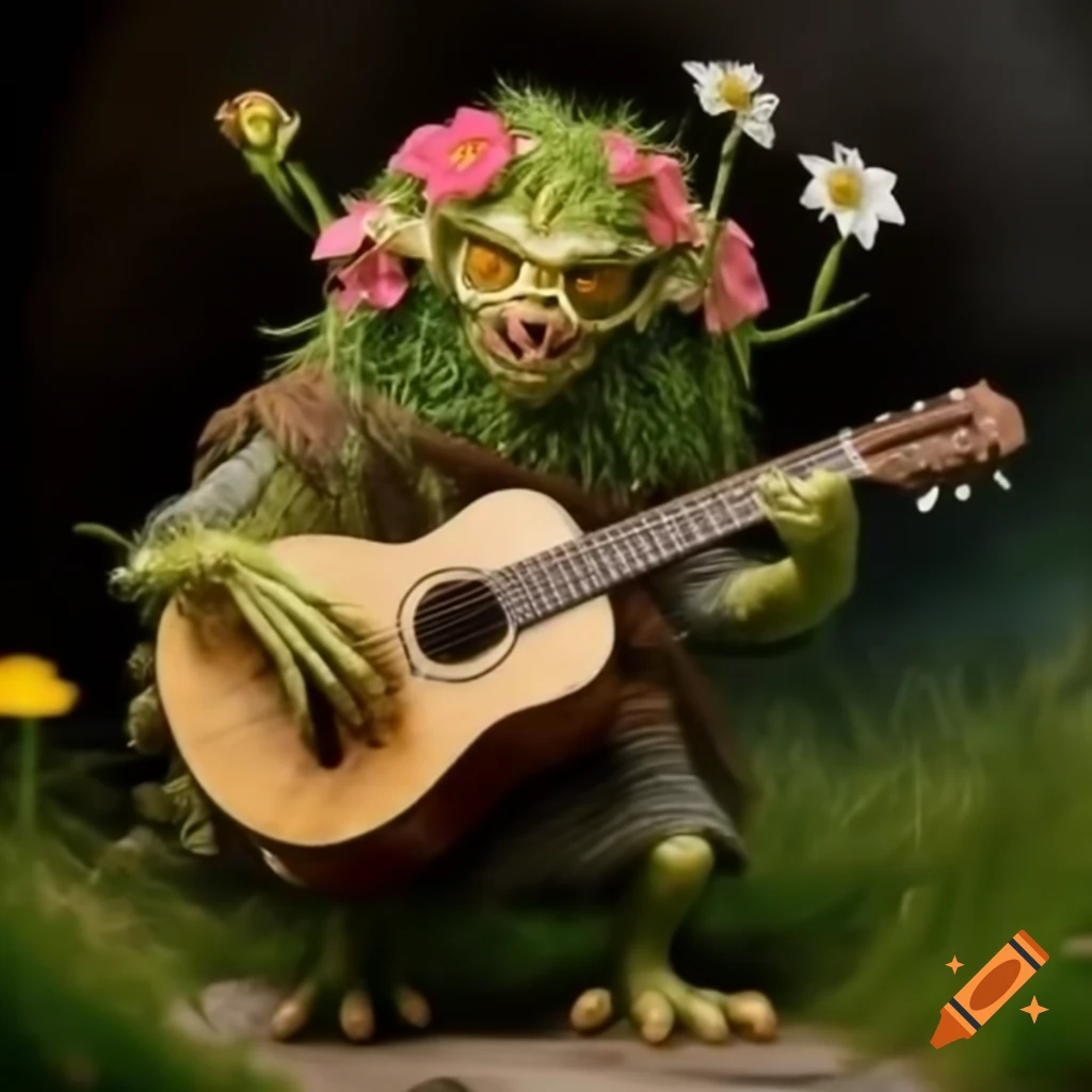 Wildflower monster playing acoustic guitar in hobbit hovel, highly detailed