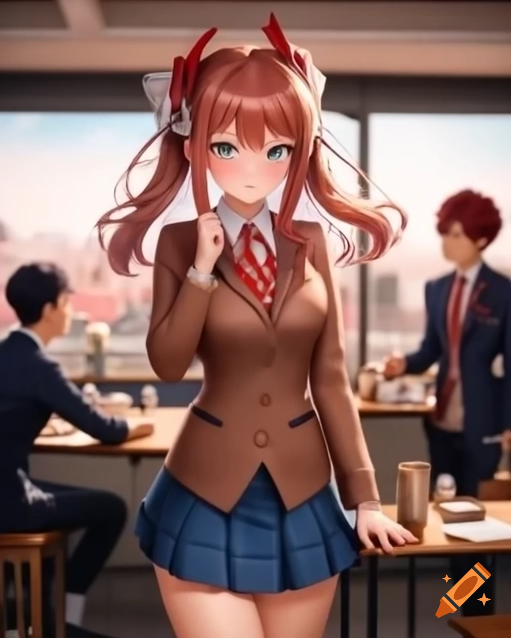 Monika character from Doki Doki Literature Club on school rooftop