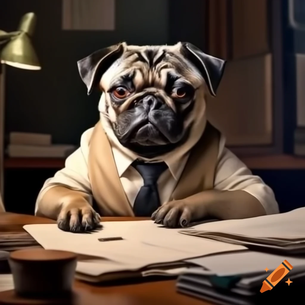 Pug dressed as architect working at desk with papers