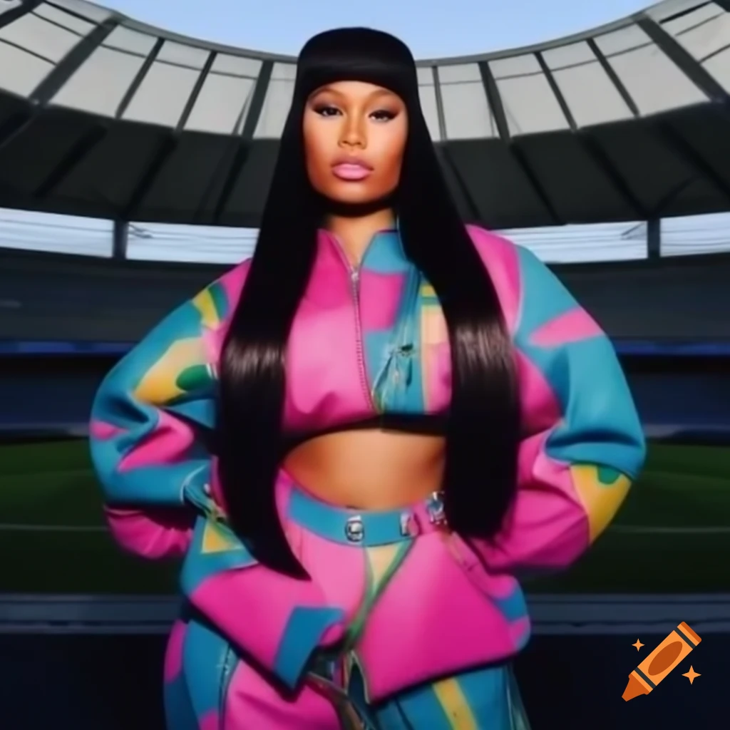 Minaj diva in colorful outfit at gray stadium