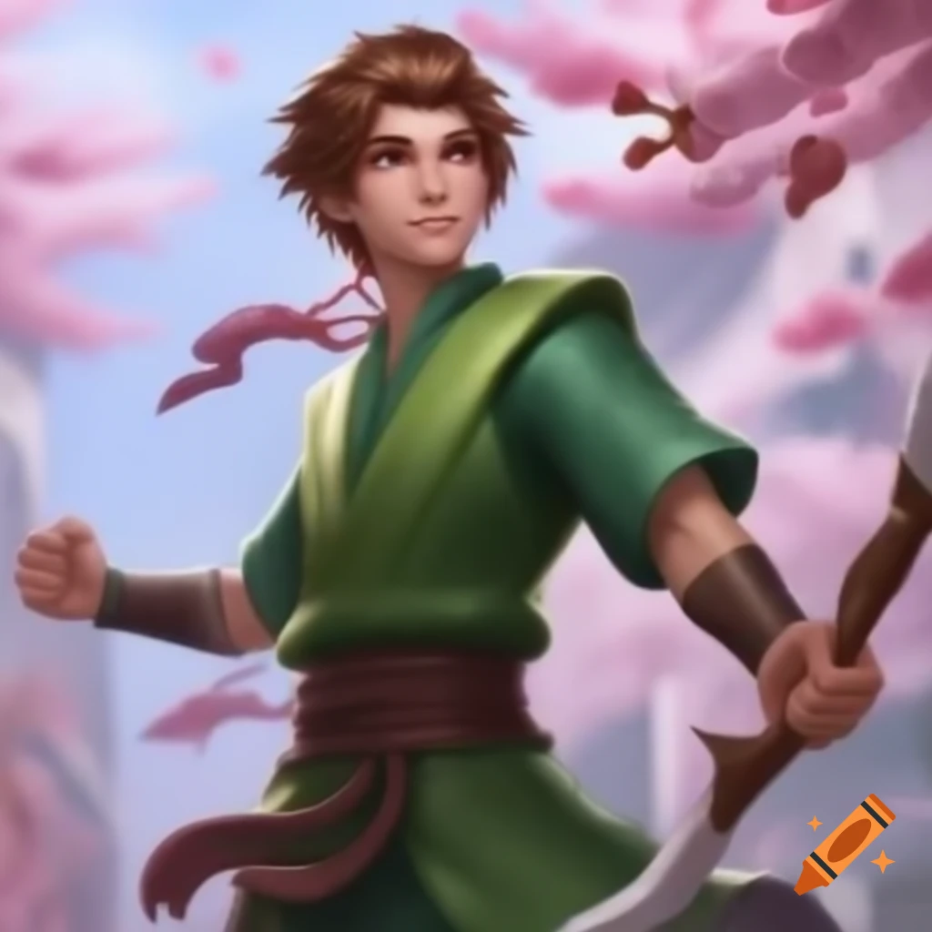 European male warrior in green clothing with white staff amidst cherry blossoms