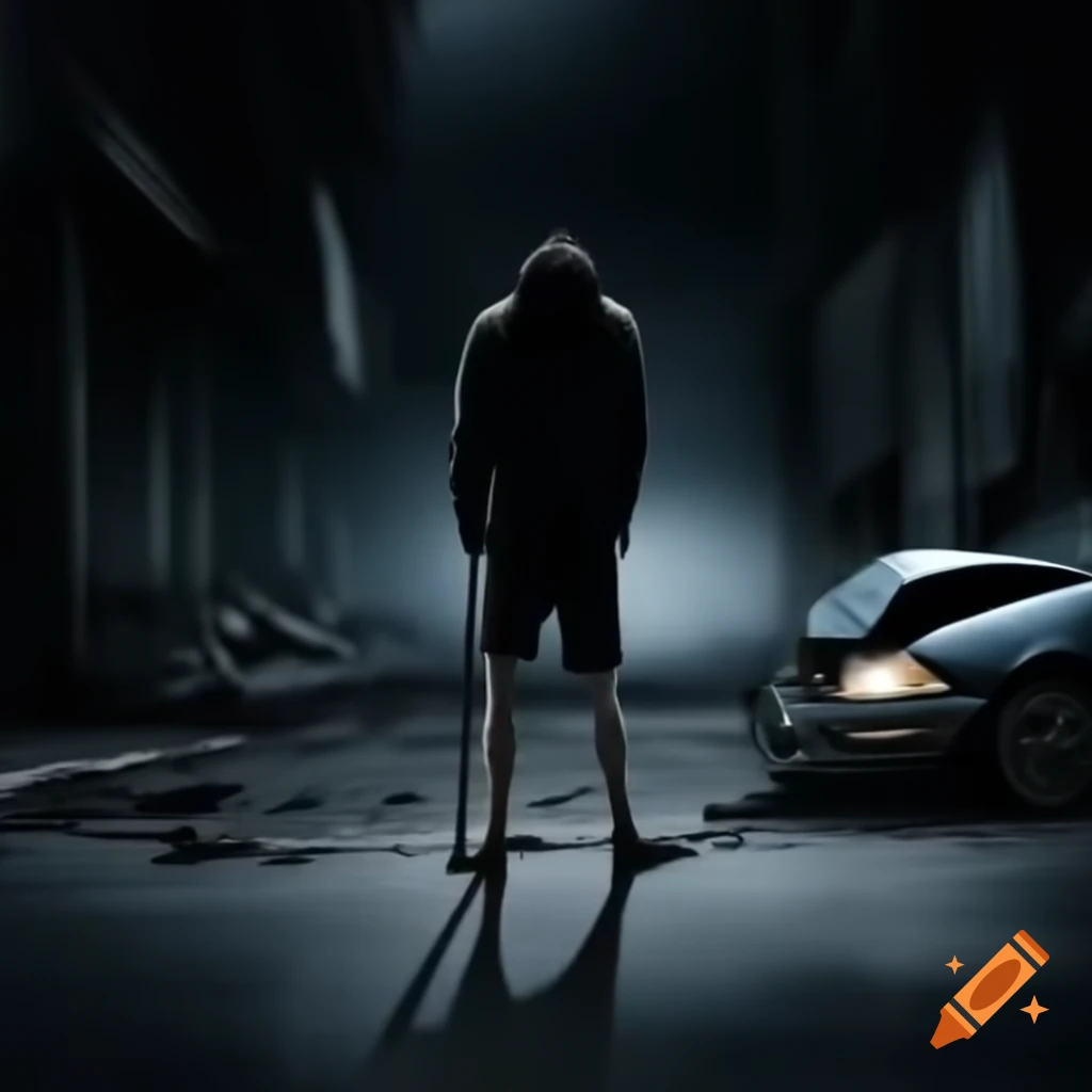 Man with crutches in dark street beside wrecked car