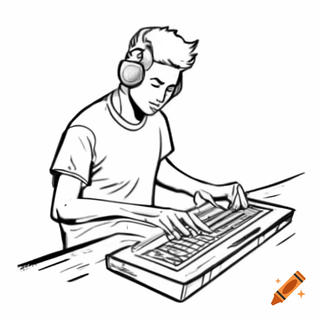 Sketch of man engaged in playing on a computer on craiyon