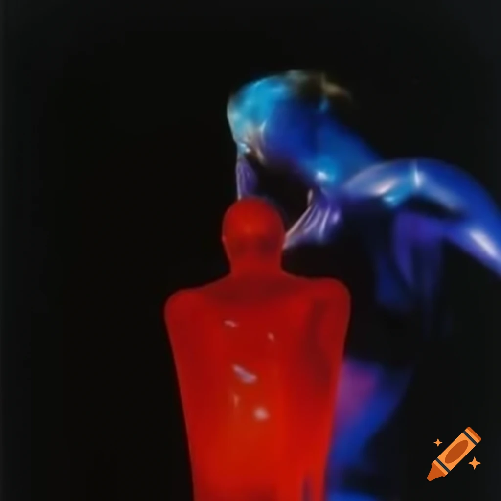 Iridescent red glass statue in pop surreal 2000's photography