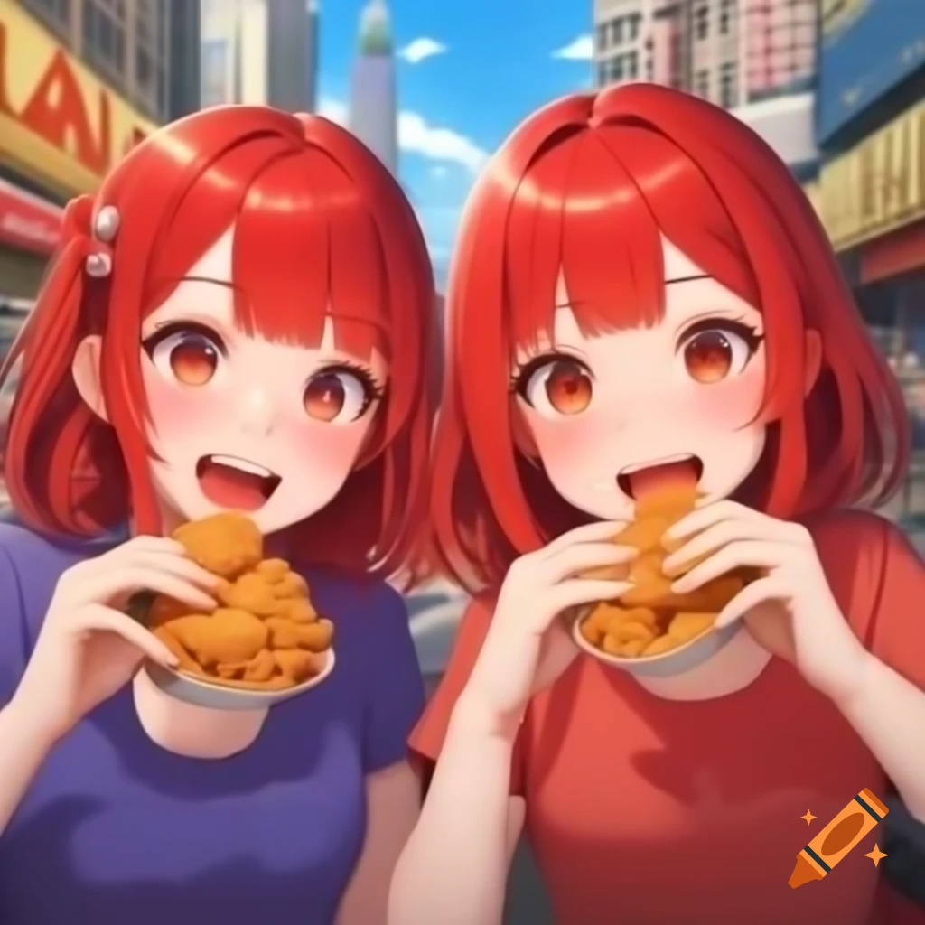 Anime women with red hair enjoying fried chicken in city setting