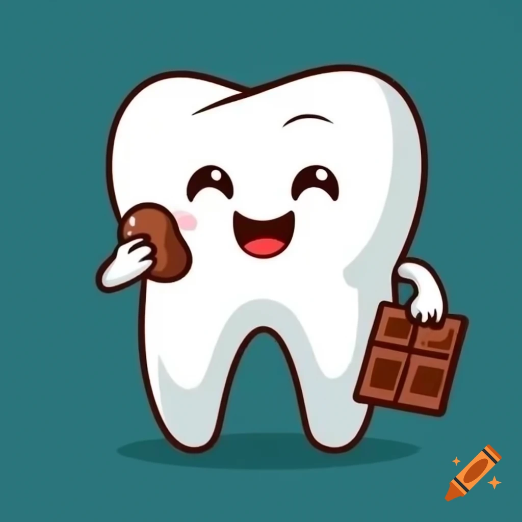 Cartoon tooth character holding chocolate