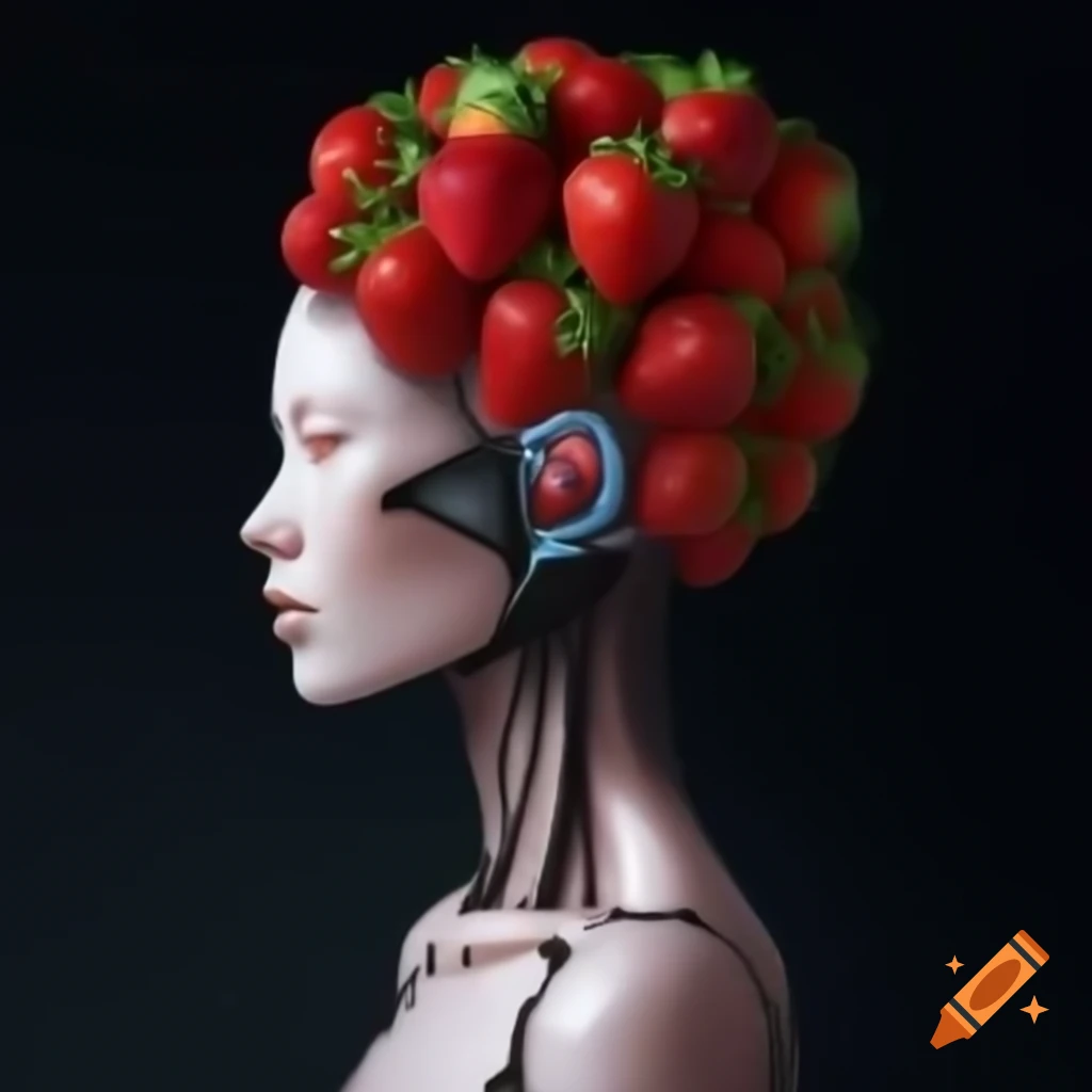 Futuristic portrait of human figure with strawberry-like textures and high-tech design