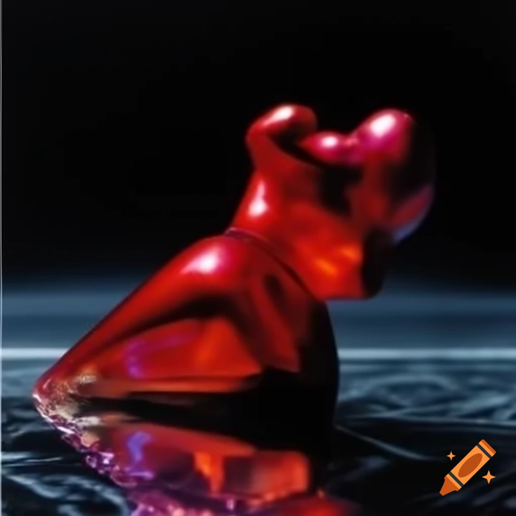 Iridescent red glass statue in pop surrealism style photography