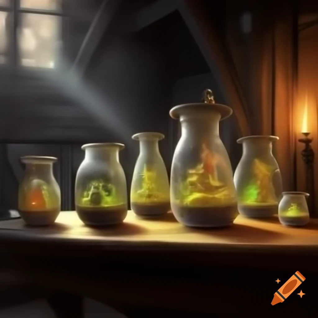Variety of mystical potions in glasses on wooden table with candlelight