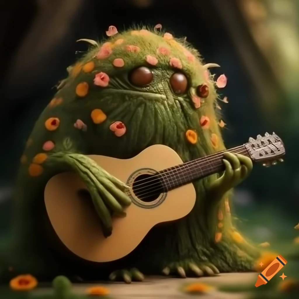 Wildflower monster playing acoustic guitar in hobbit hovel, highly detailed