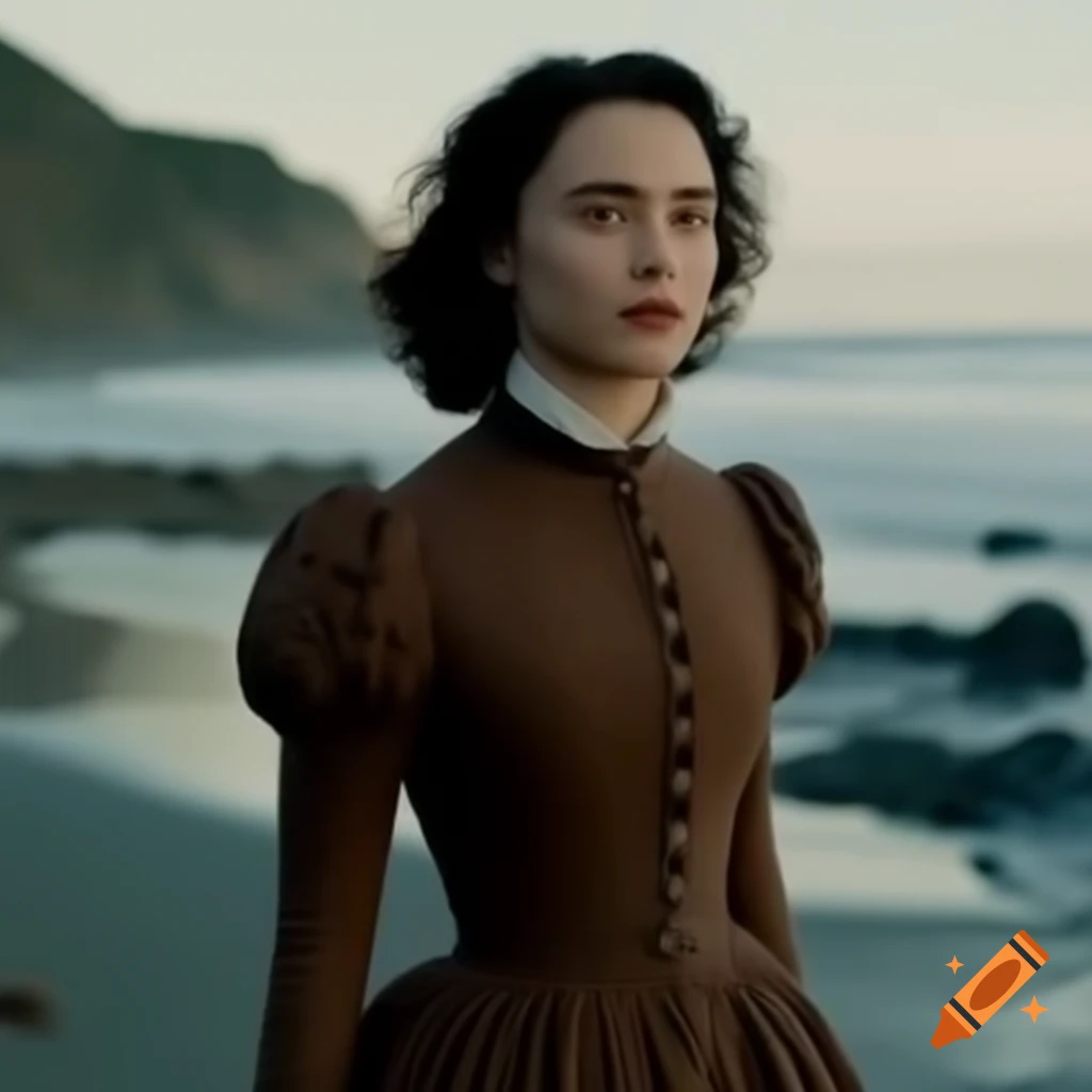 Young woman in brown Victorian dress walking on rocky beach during golden hour