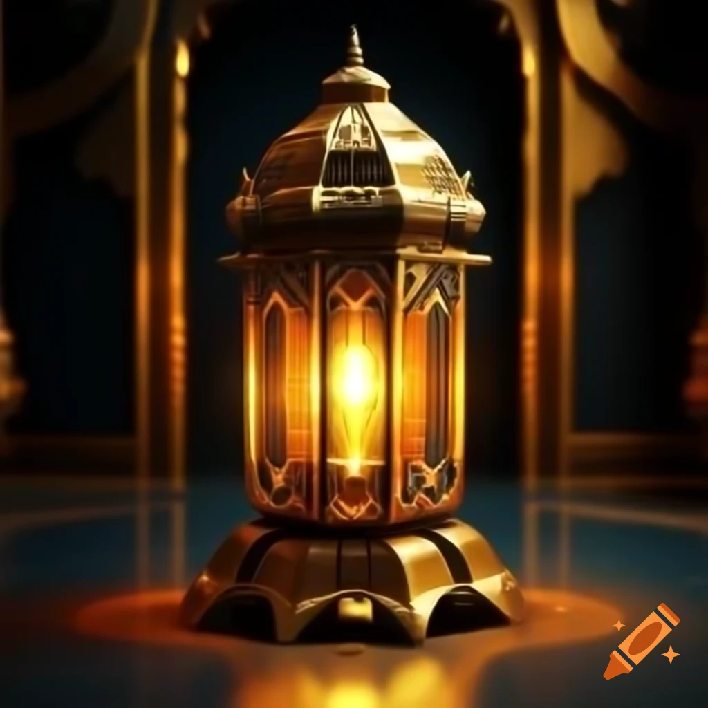 High-end logo of vibrant orange-gold Muslim lantern with glass and gold trim, 3D render