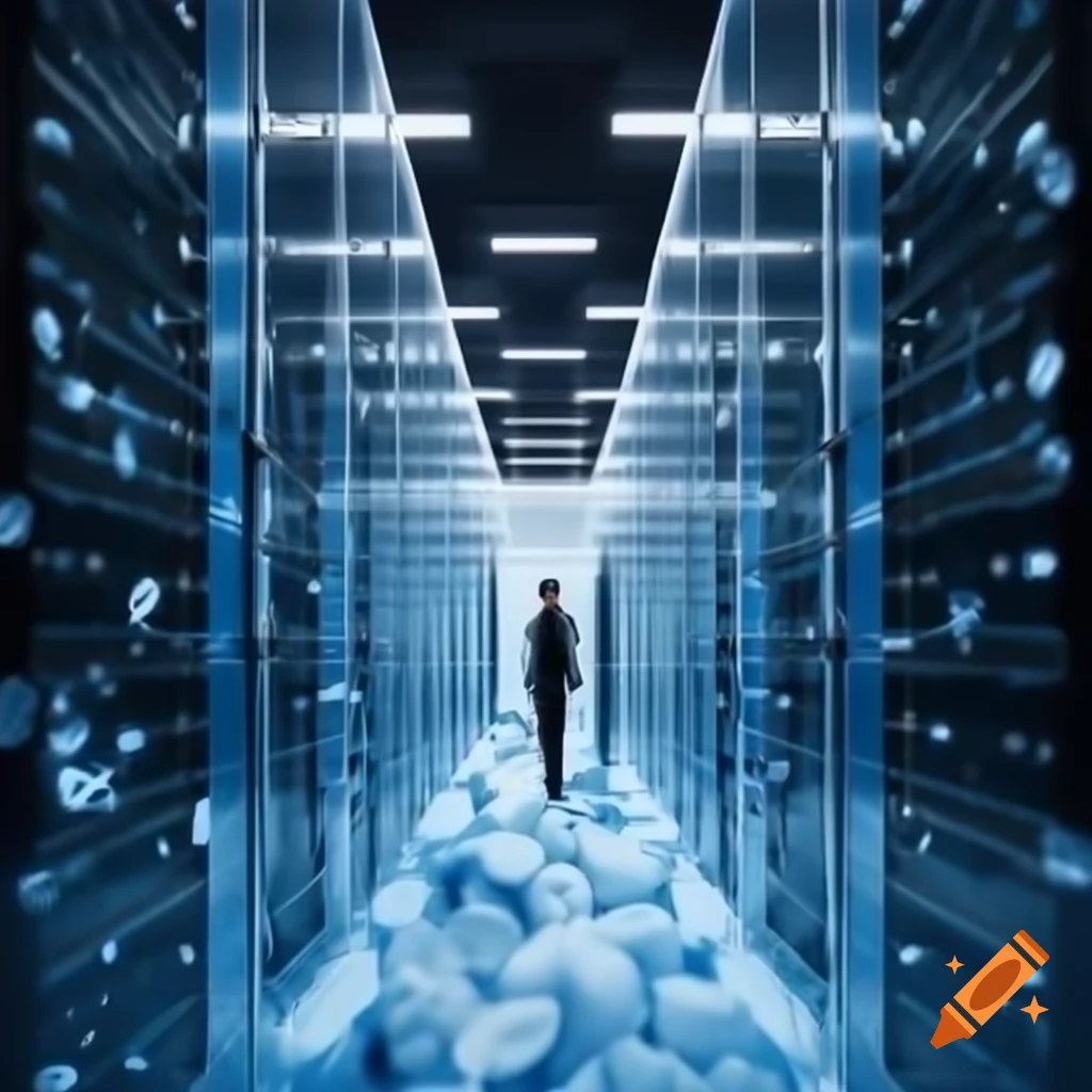 Realistic data center hall filled with racks and ice packs for cooling, humorous scene