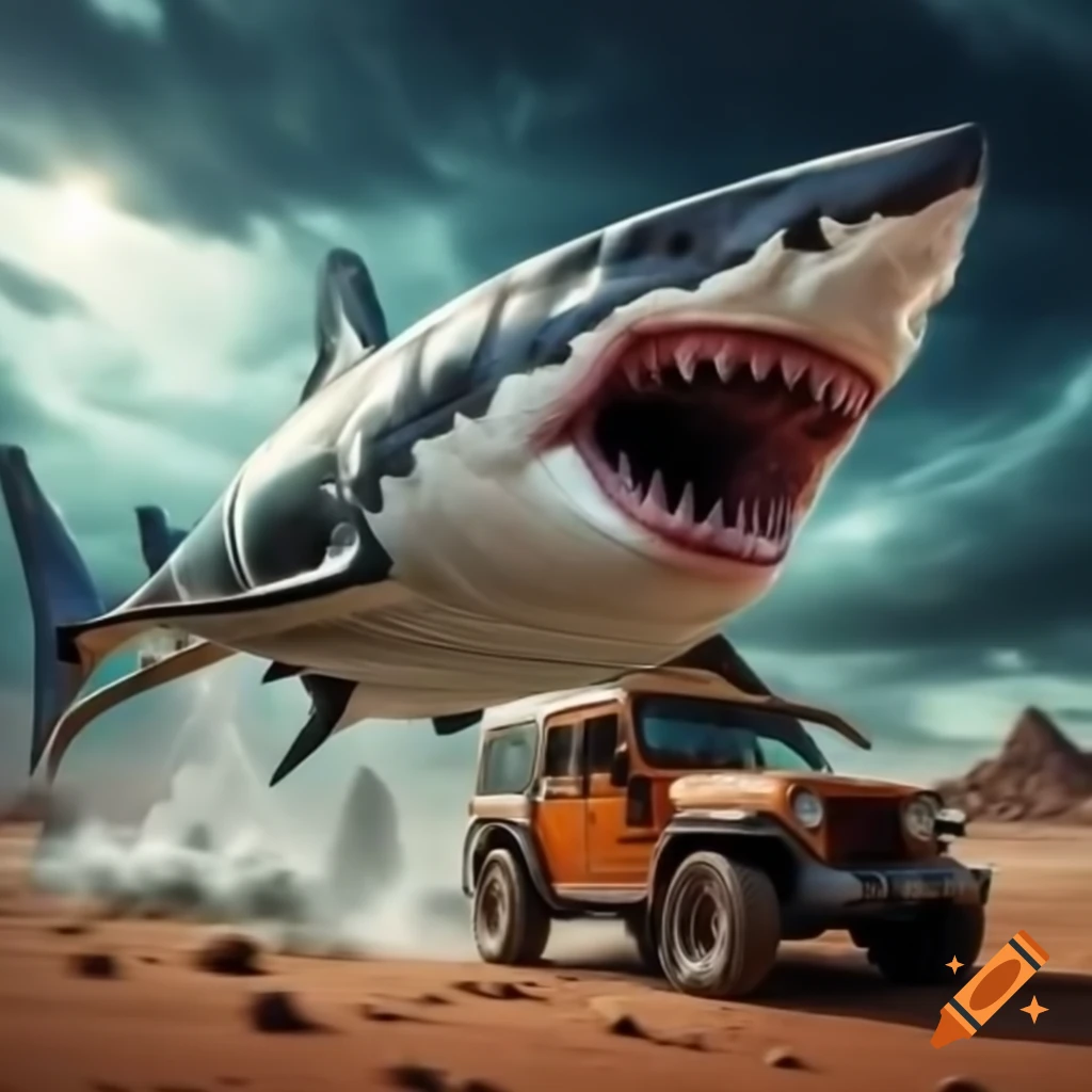 Massive shark, brown jeep, and tornado in sunny desert landscape