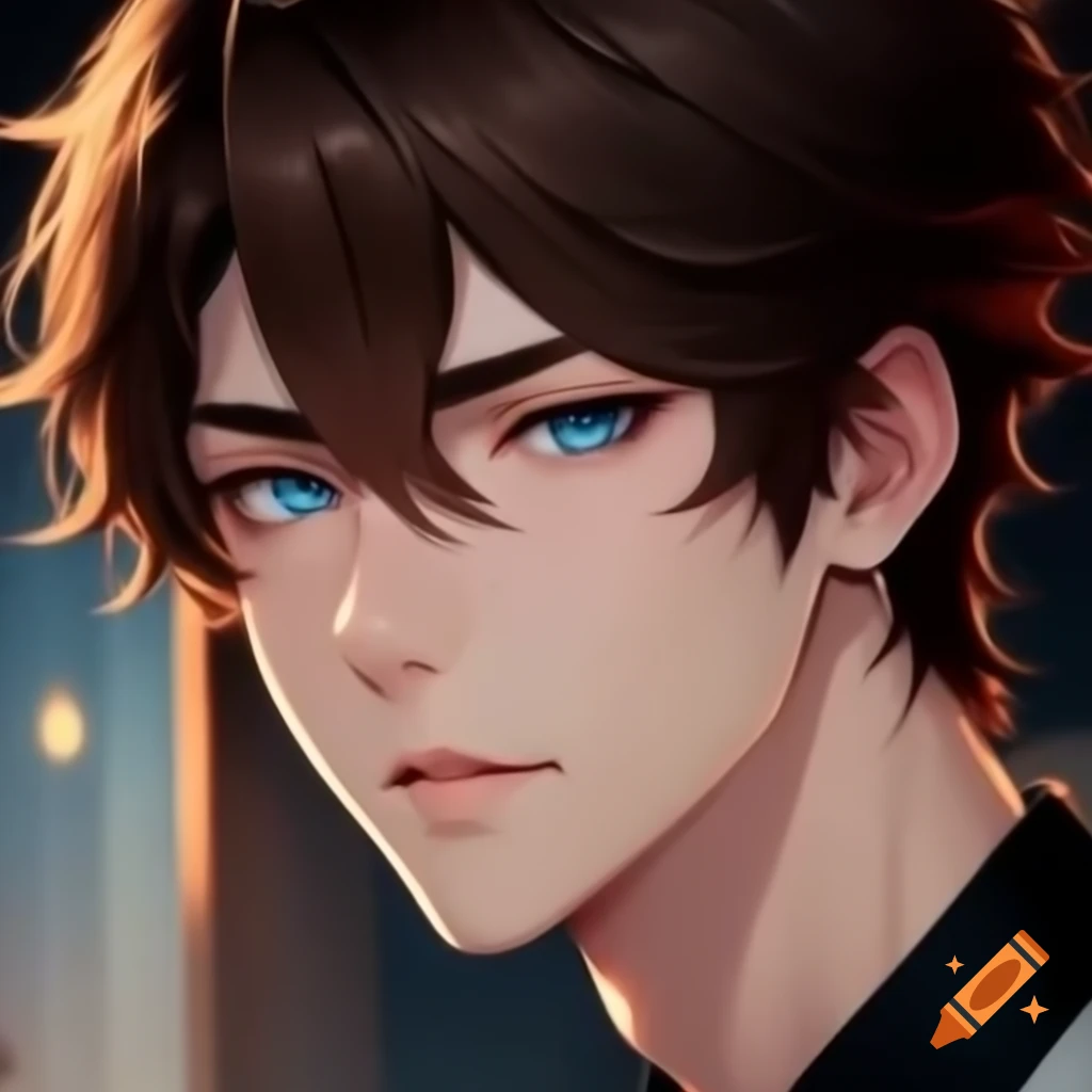 Anime style illustration of a brown-haired, blue-eyed male face