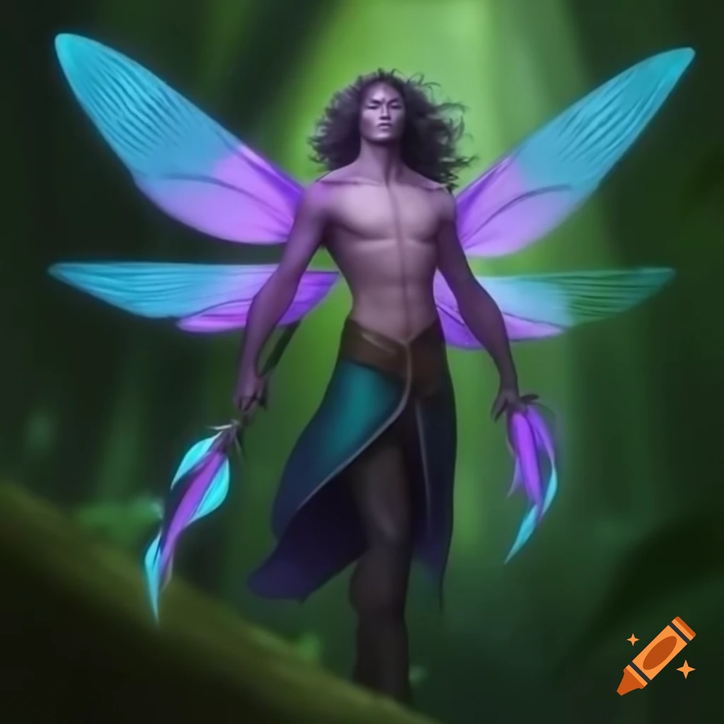 Male sylph character with alabaster skin, long cerulean hair, and dragonfly wings in purple, cyan, and teal