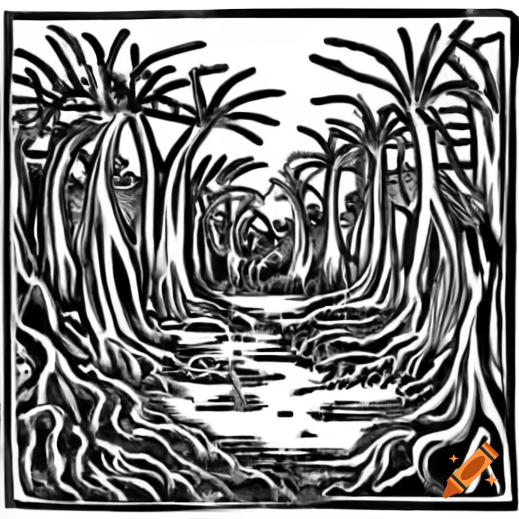 Desert swamp of Babylon illustrated in biblical woodcut style