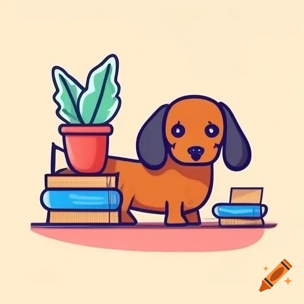 Childlike illustration of dachshund surrounded by books and plants