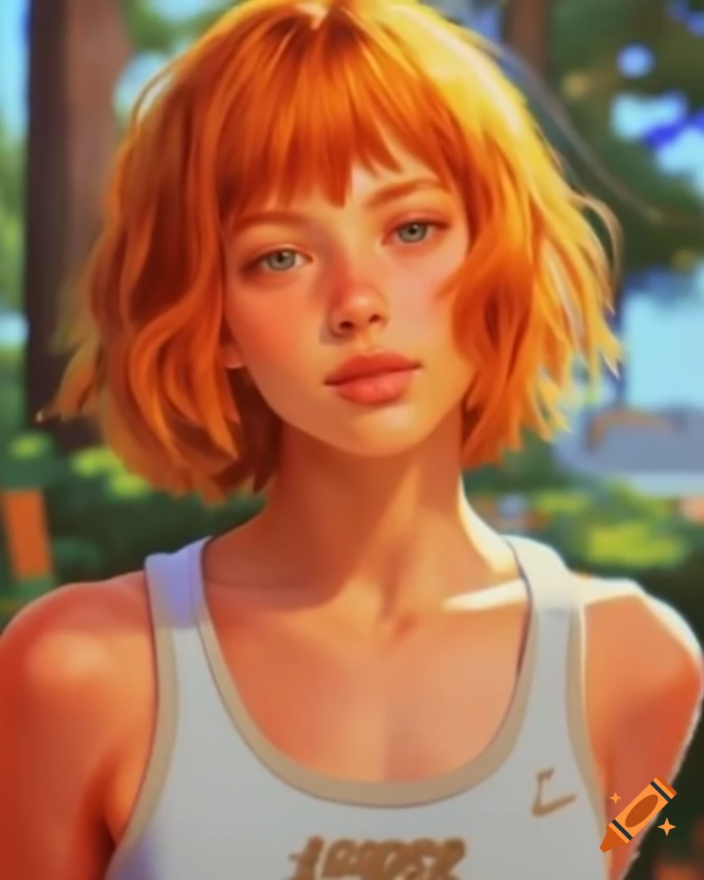 Yandere French female skater with ginger hair in tank top at skate park, detailed features