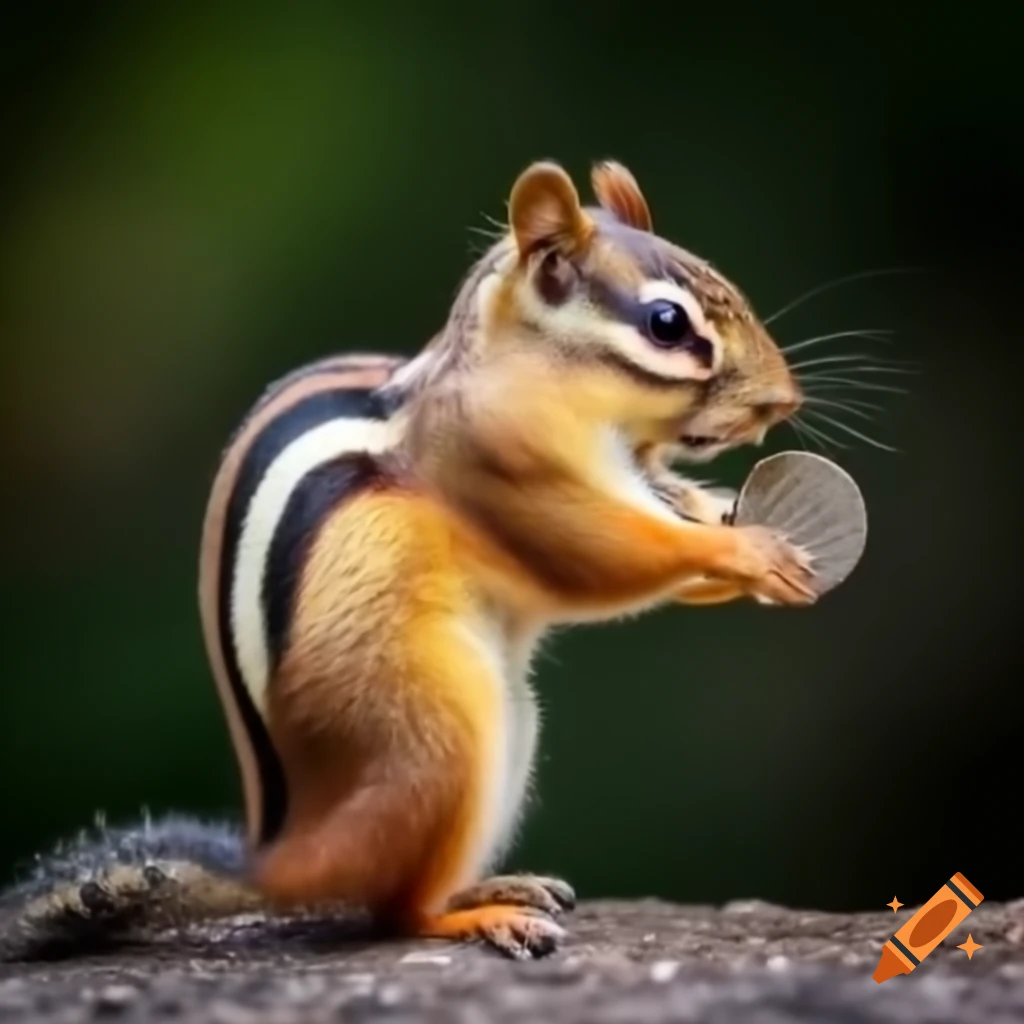 Eastern chipmunk standing on hind legs with stuffed cheeks and a coin