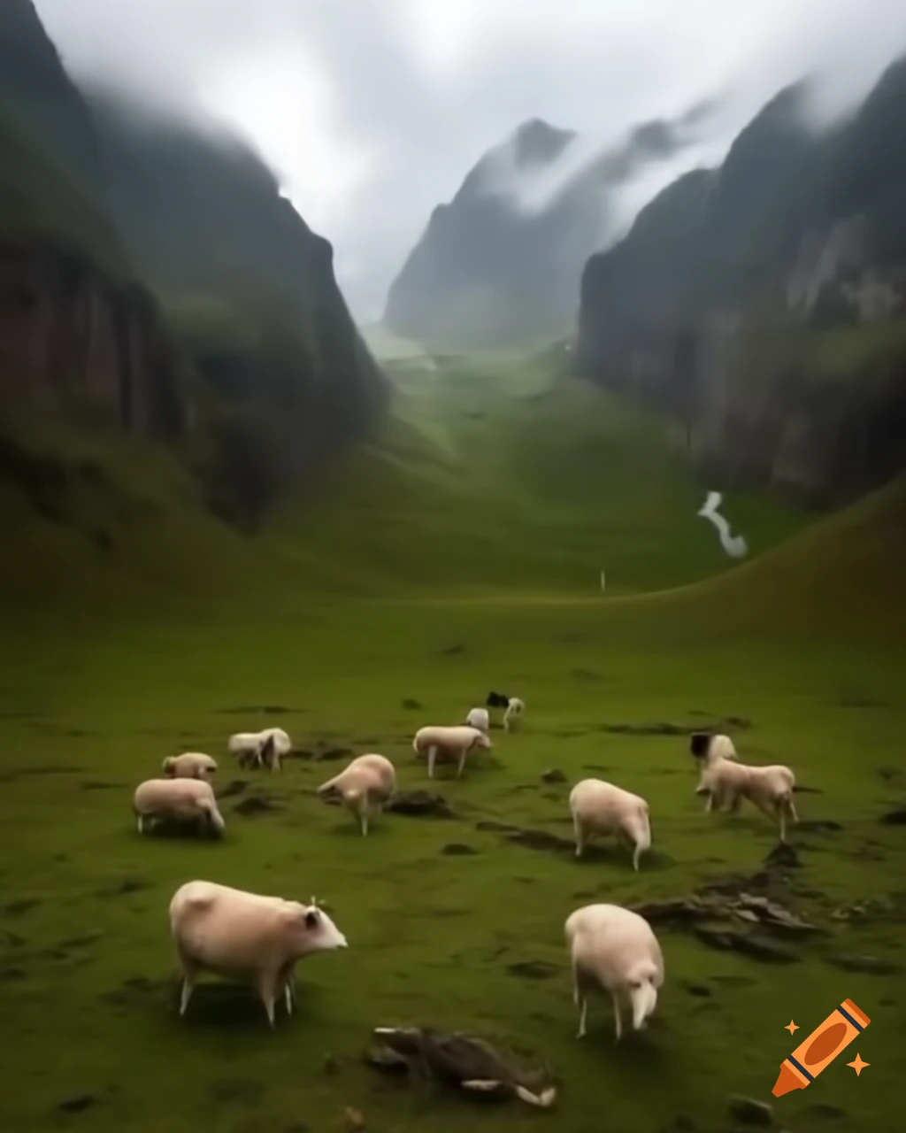 Rugged landscape with hardy sheep and pigs, harsh weather challenges fruit trees
