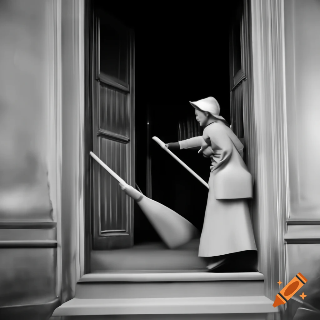 Characters Fanny and Mrs. Fairfax carrying brooms, scene of urgency