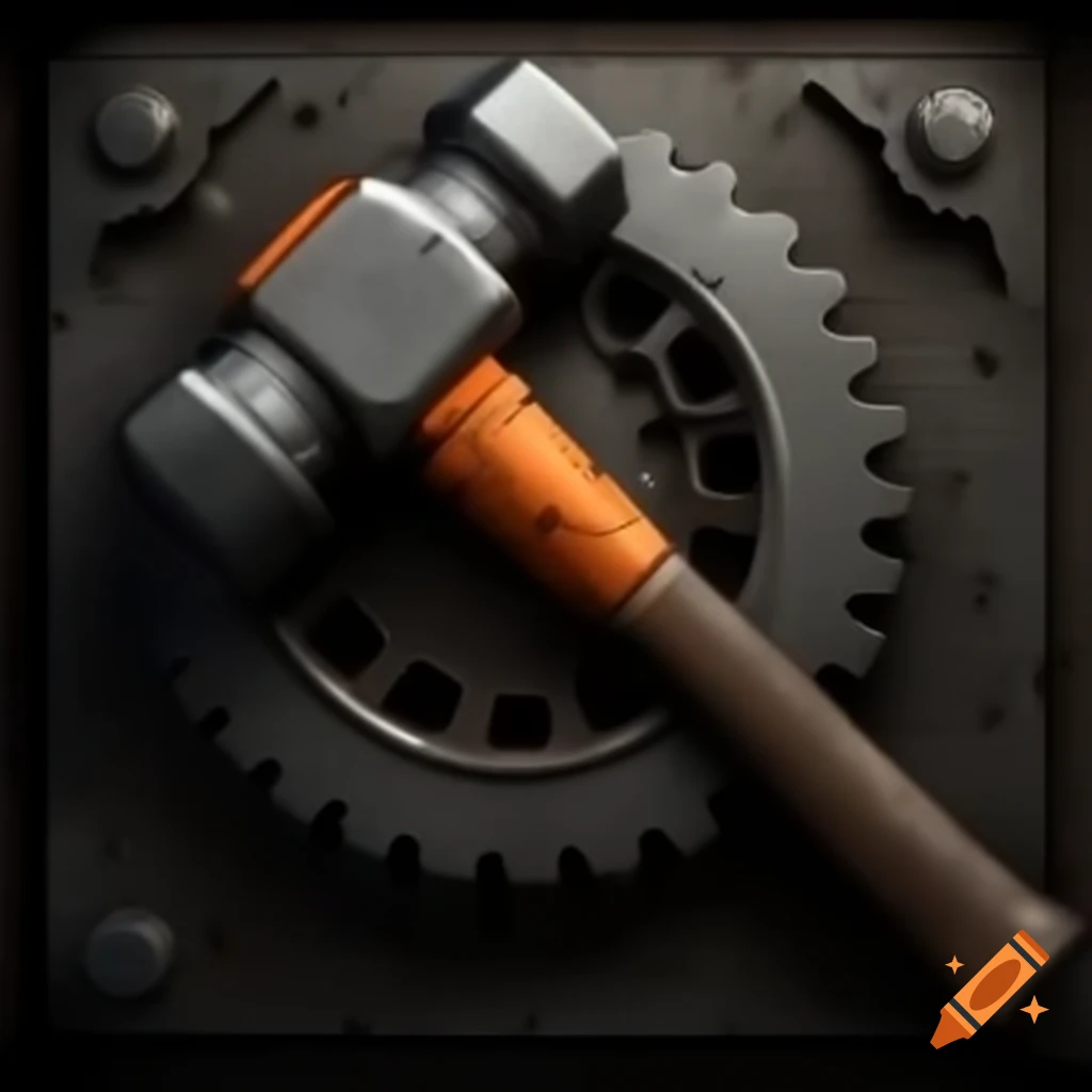 Industrial-style image featuring dark orange hammer and gray gear with detailed texture