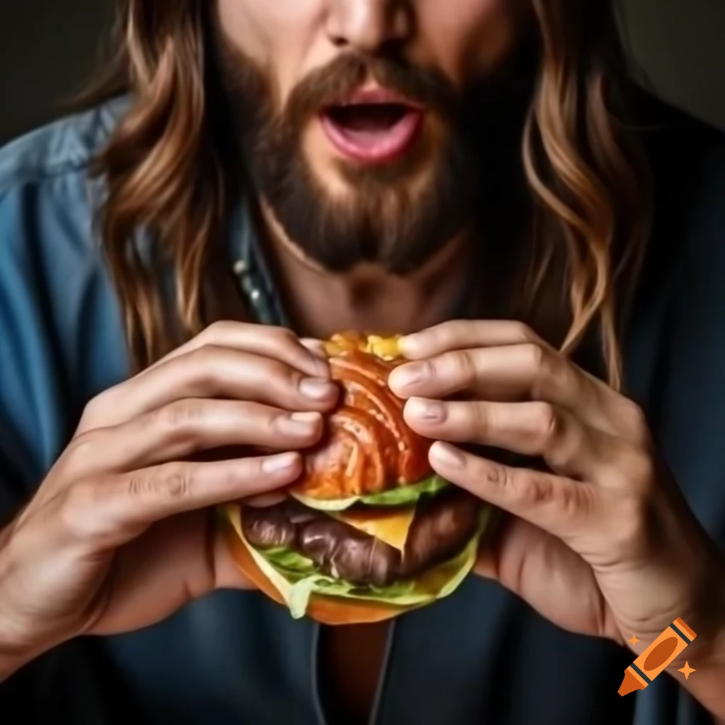 Jesus enjoying a burger in a casual setting
