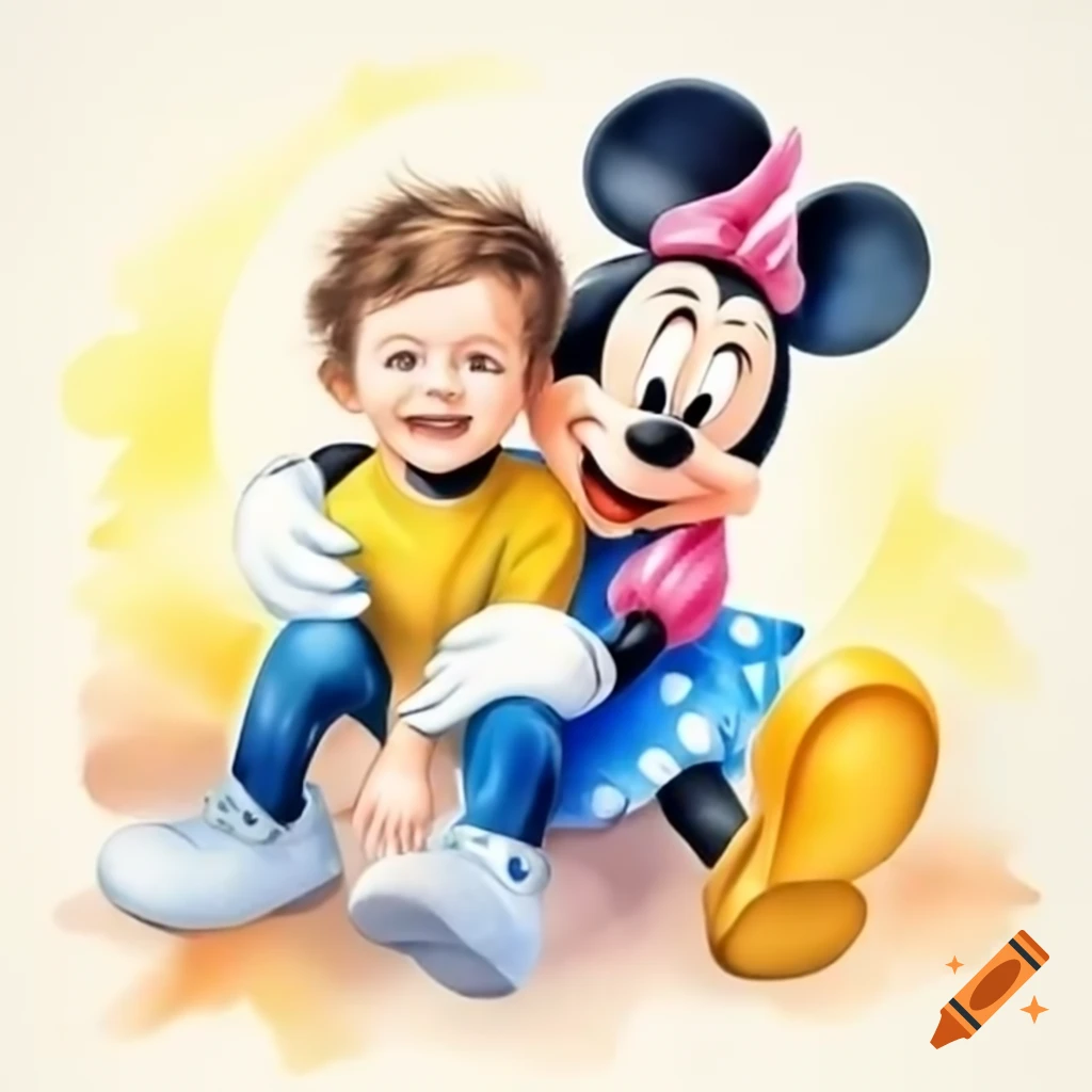 Minnie Mouse laughing with a boy on her lap under bright sunlight