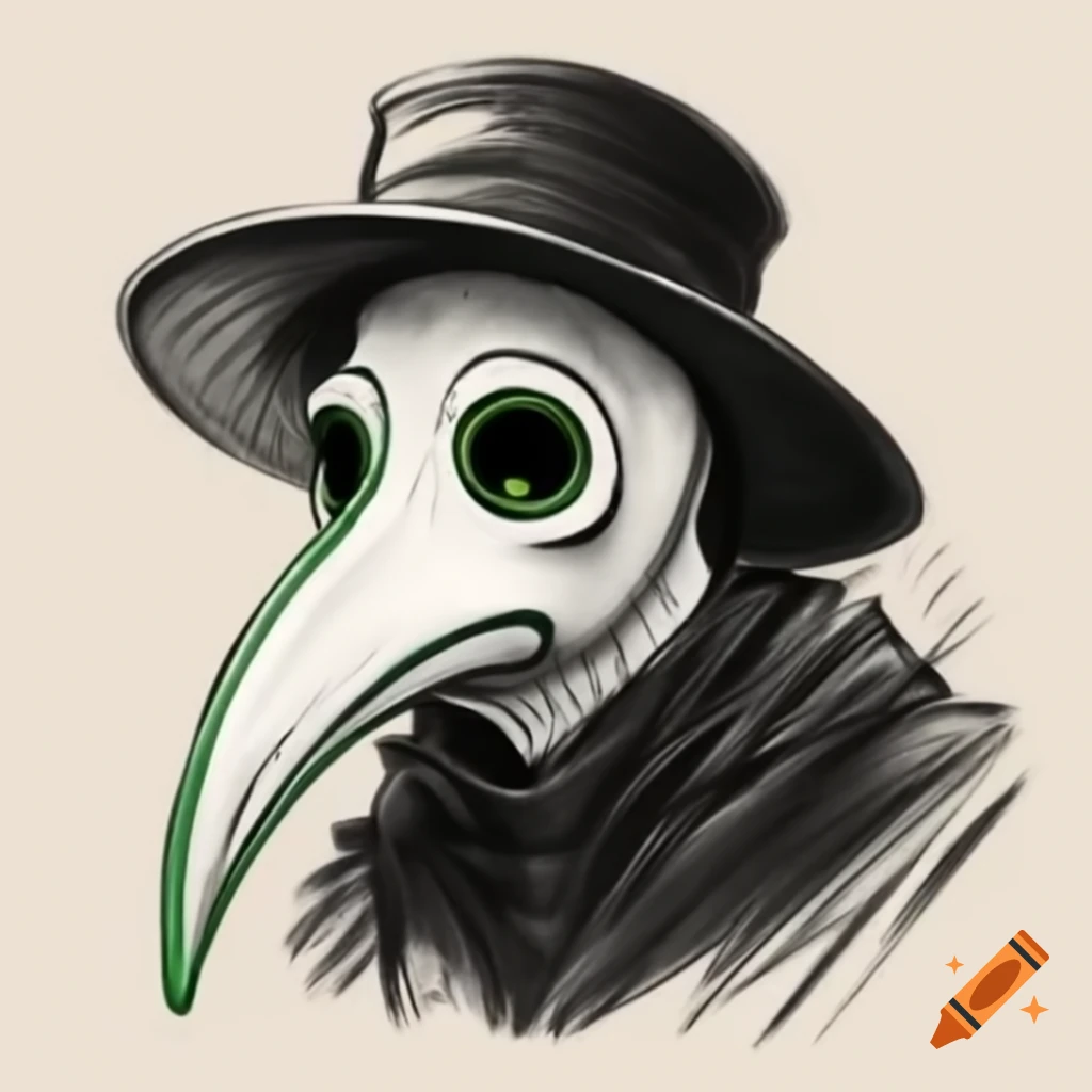 Plague doctor mask with green bulb eyes and black hood, head only