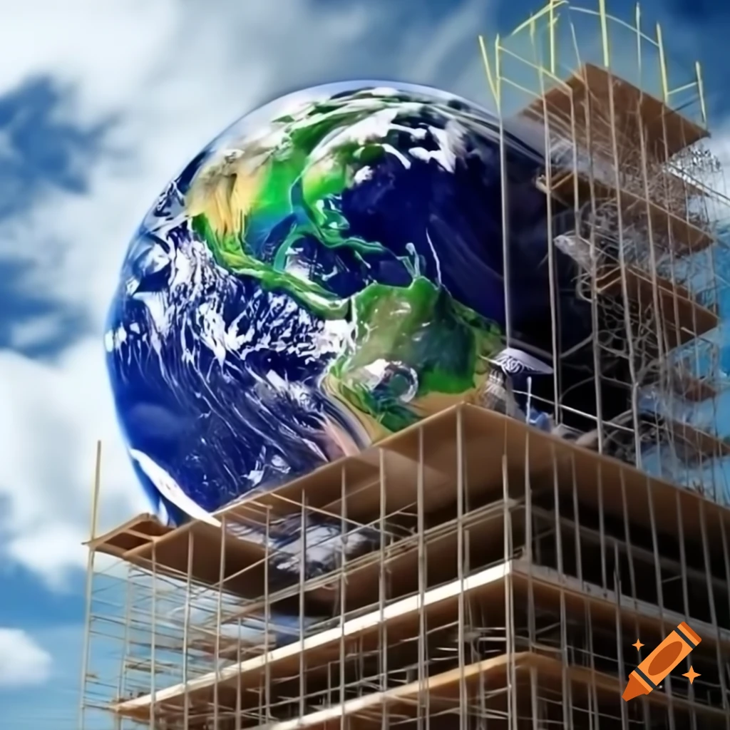 Earth surrounded by scaffolding, symbolizing construction or development