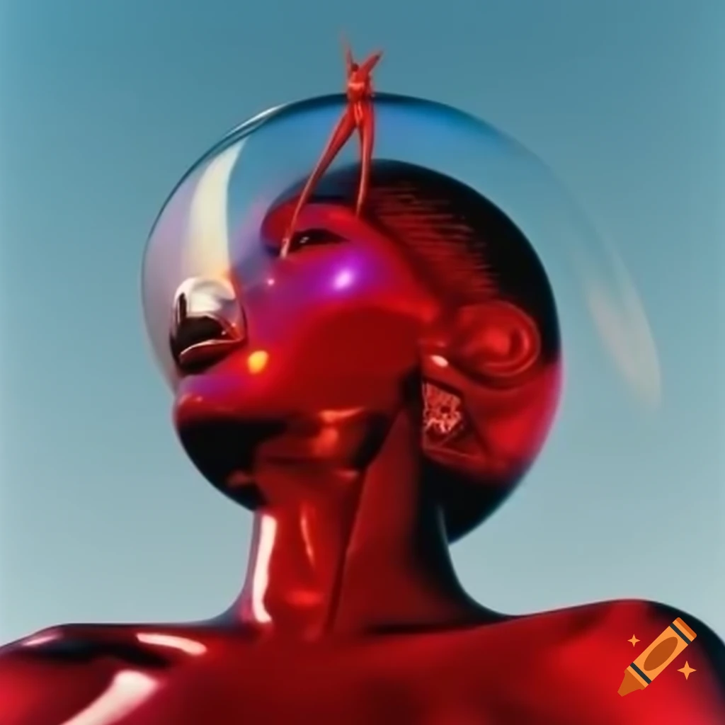 Pop surreal photography featuring iridescent red glass statue
