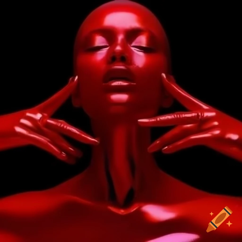 Pop surreal photography featuring iridescent red glass statue