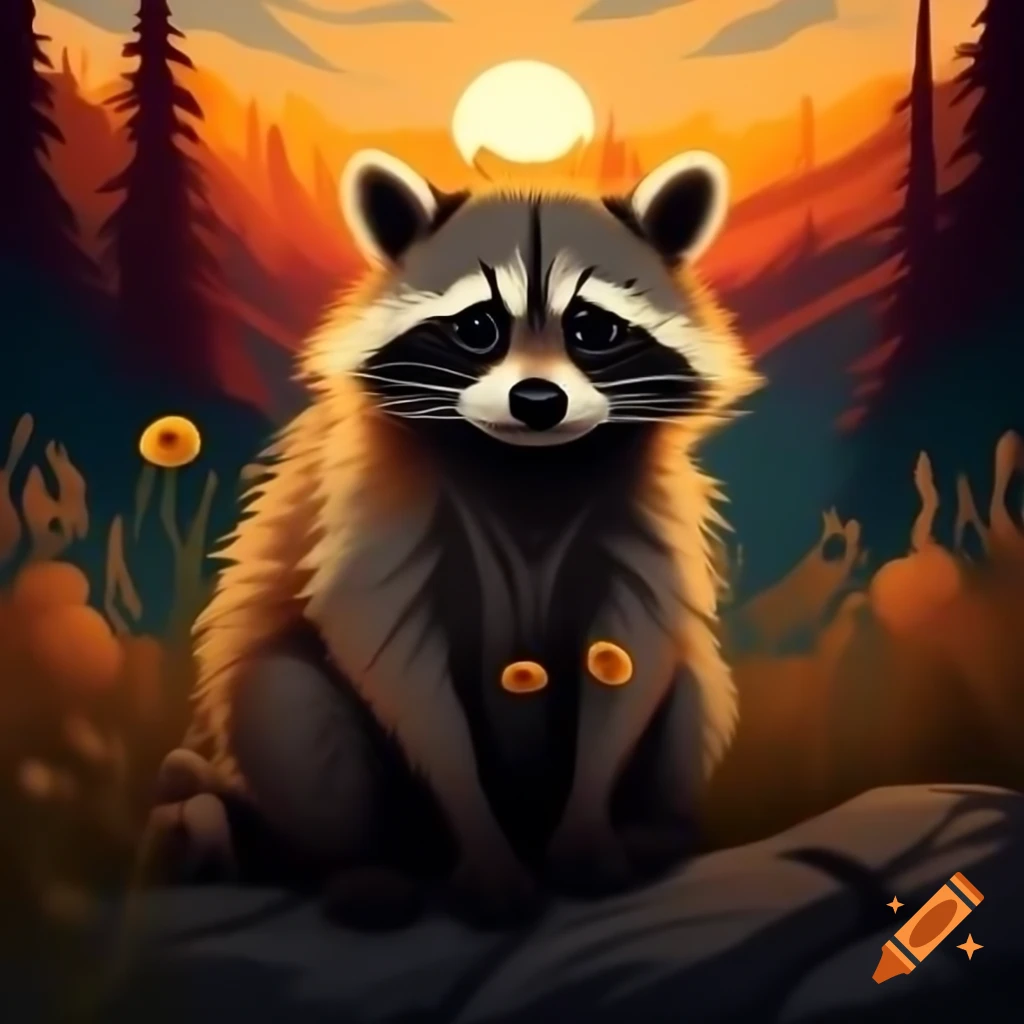Wise-eyed raccoon holding wildflower at sunset in forest