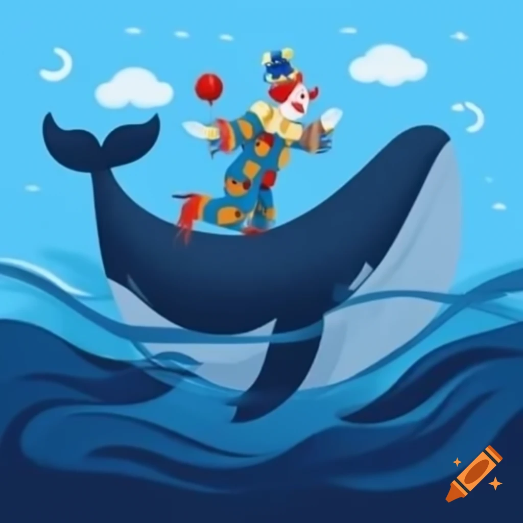 Clown riding a whale, whimsical scene