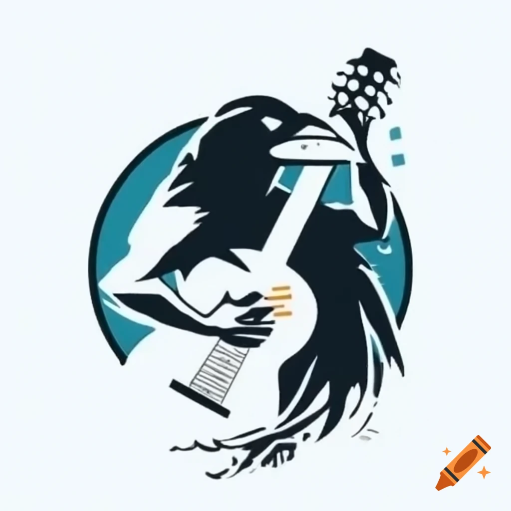 Music band logo featuring guitar-playing crow with nuts transforming into musical notes