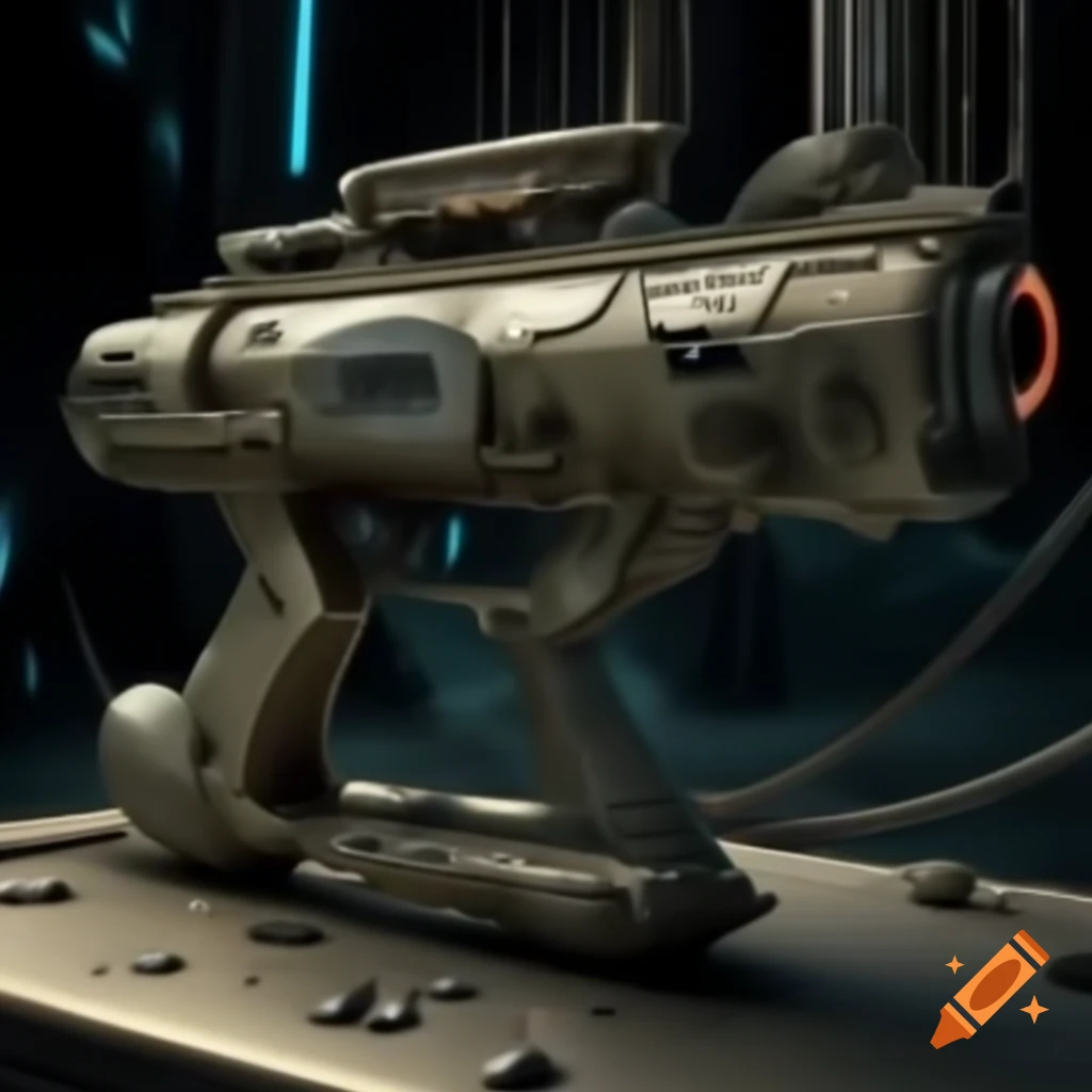 Futuristic portable CRT ray gun with rugged design inspired by District 9