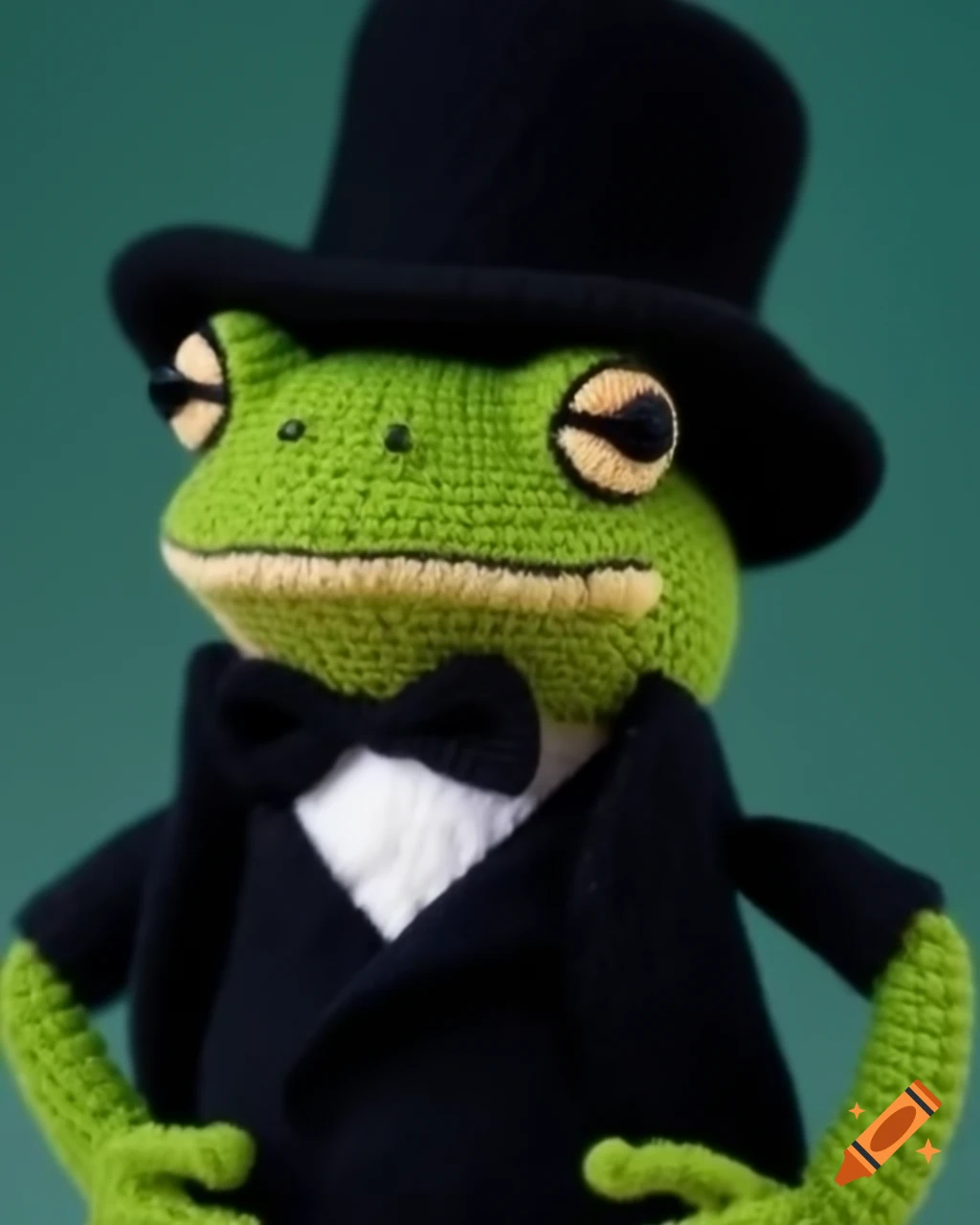 Amigurumi frog wearing black hat and tuxedo