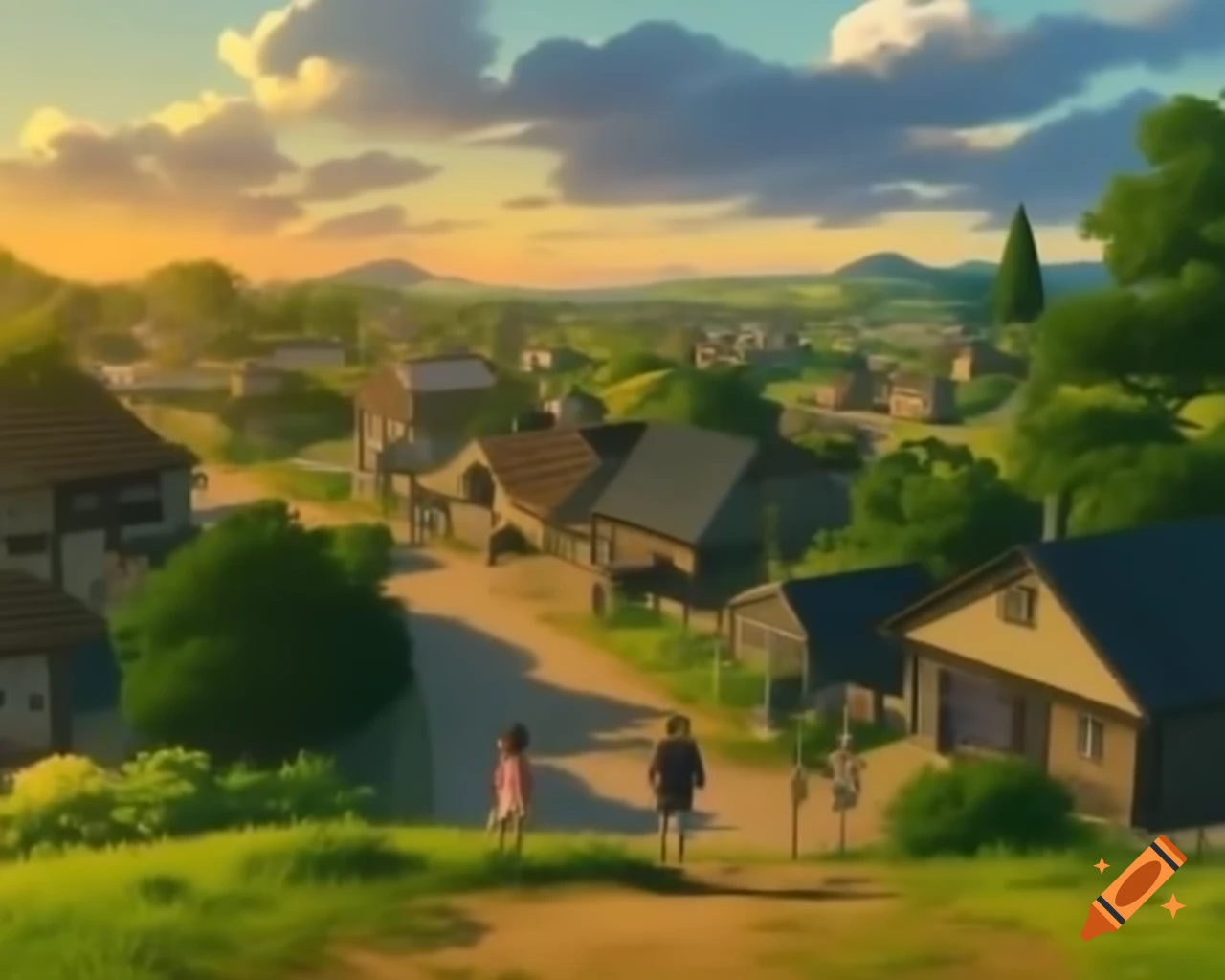 Buoyant village scene with soft anime-style lighting reminiscent of Studio Ghibli