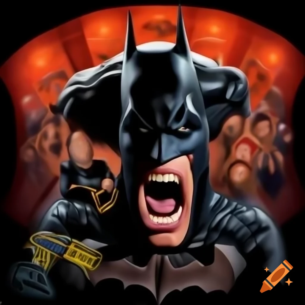 Caricature of Batman screaming with microphone at concert, realistic album cover style