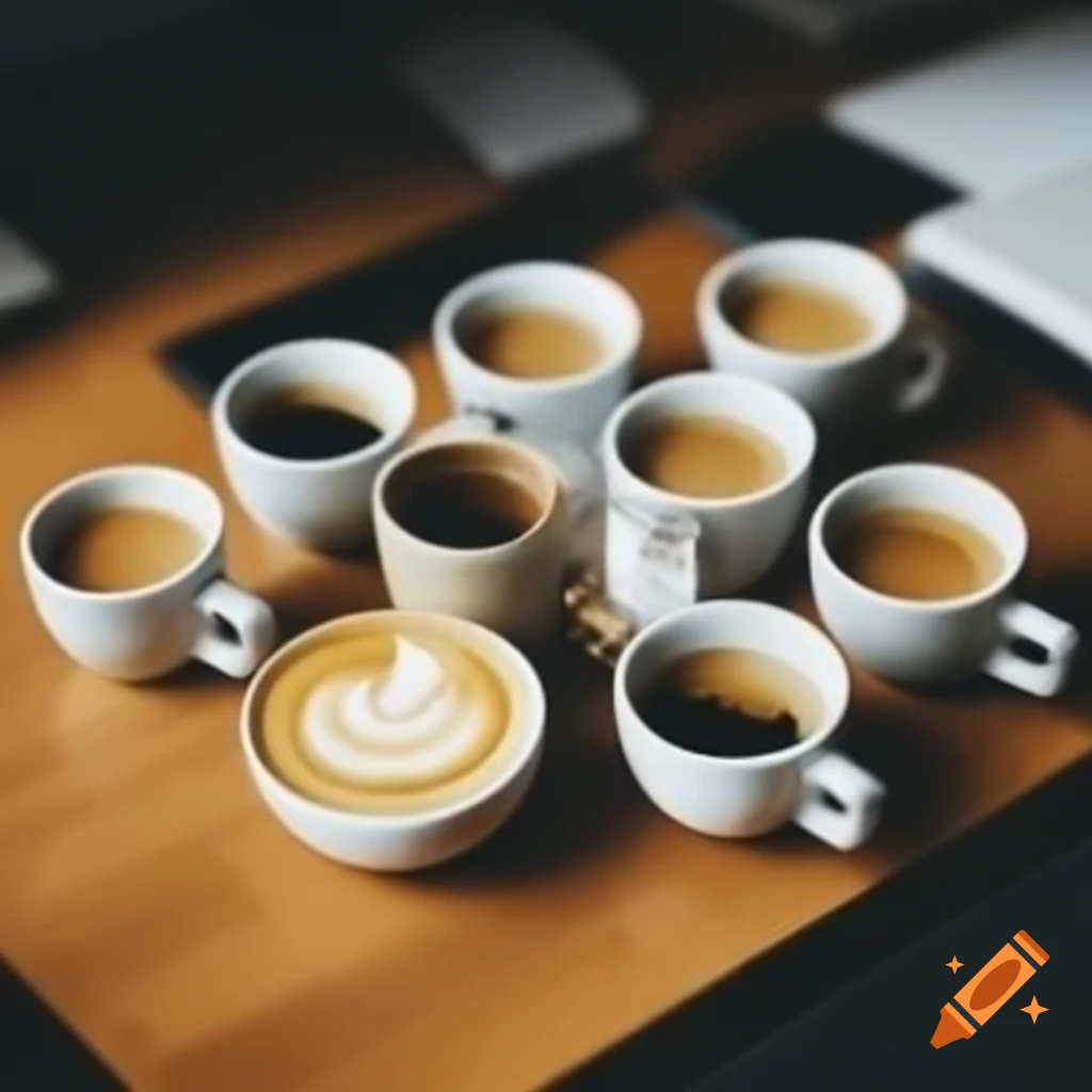 Five coffee cups arranged on a work desk