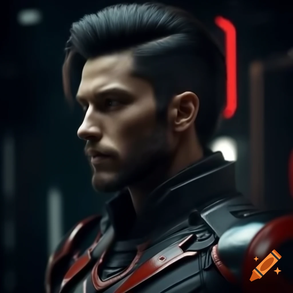 Photorealistic depiction of a futuristic Latino male rebel