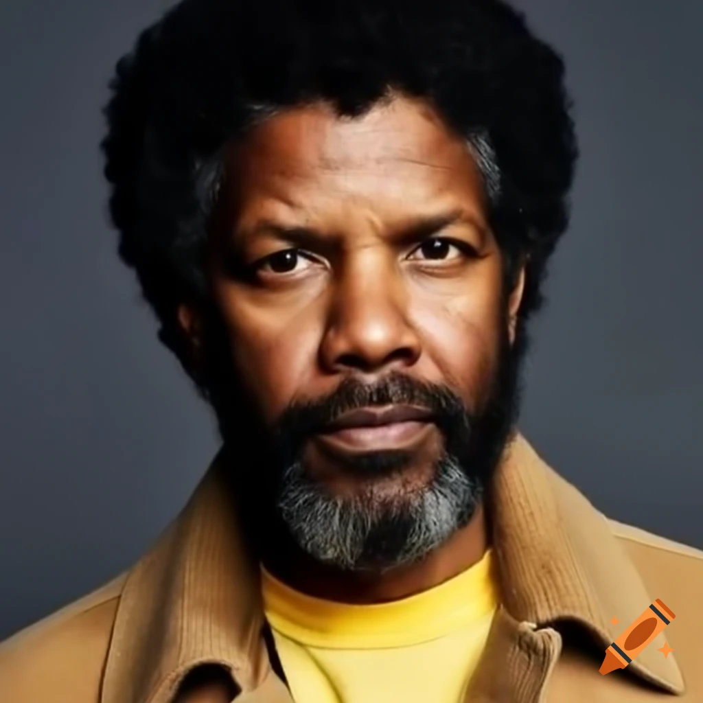 Denzel Washington in tan jacket and yellow t-shirt with curly black hair and beard