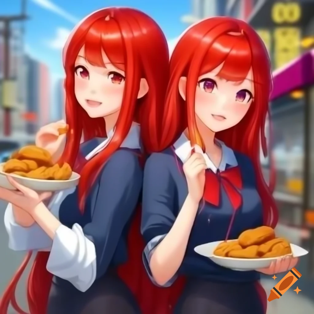 Anime women with red hair enjoying fried chicken in city setting