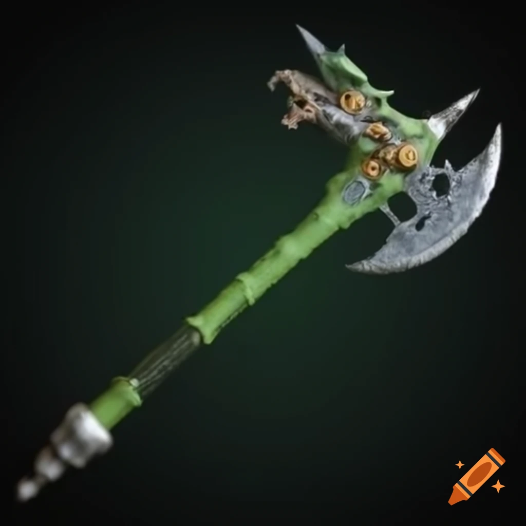 Double-headed halberd featuring dragon and wolf emblems with green handle, realistic design