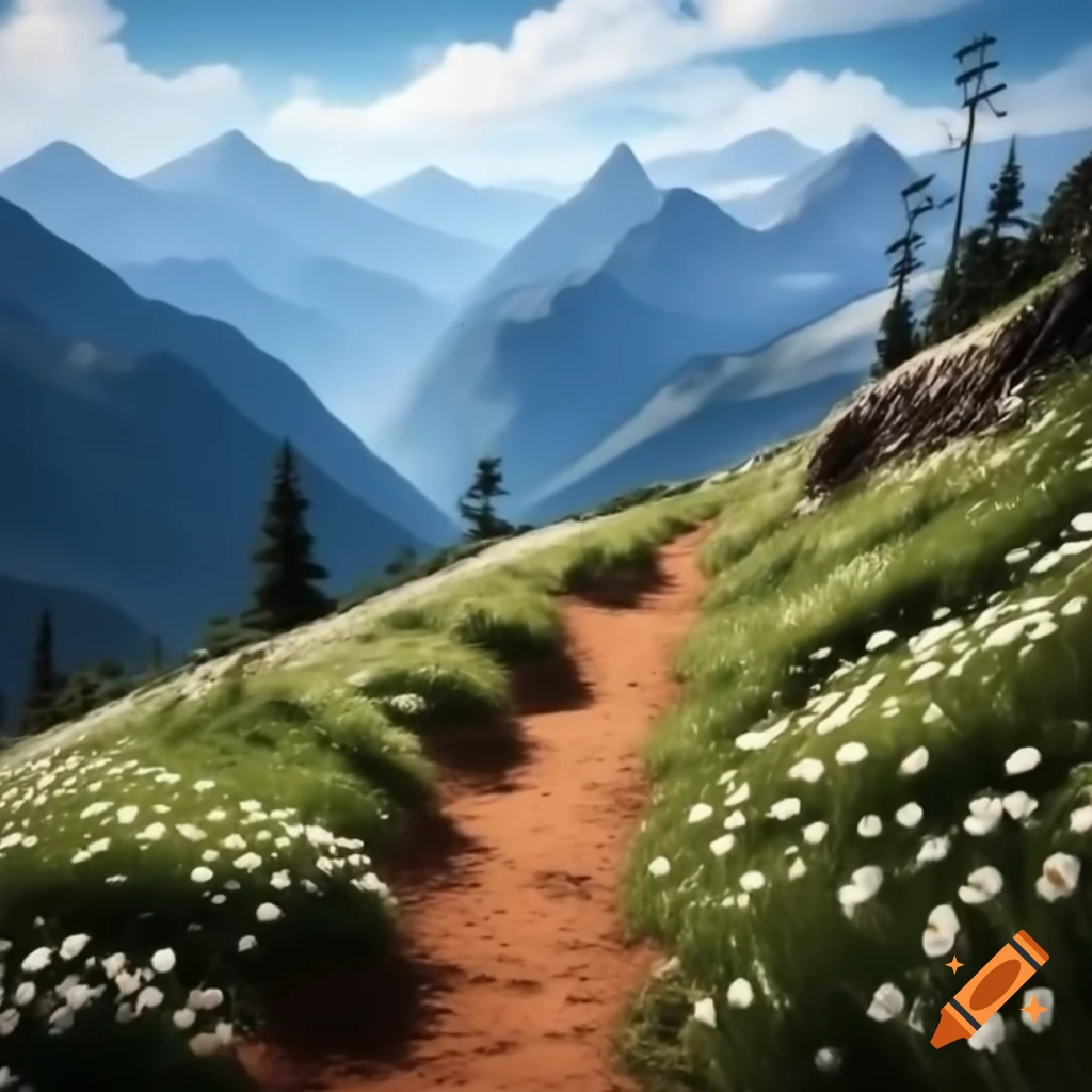 Dirt path on mountain adorned with white flowers