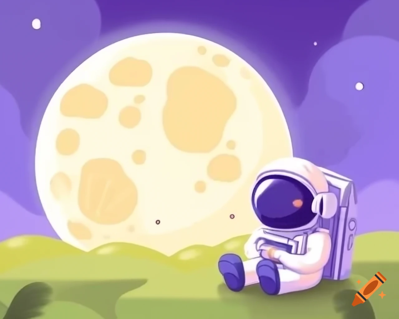 Astronaut sitting in a field watching the full moon with soft lighting
