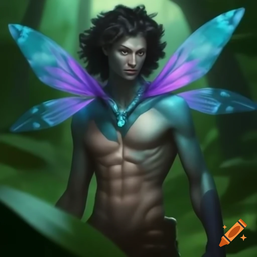 Male sylph character with bioluminescent features and grand dragonfly wings