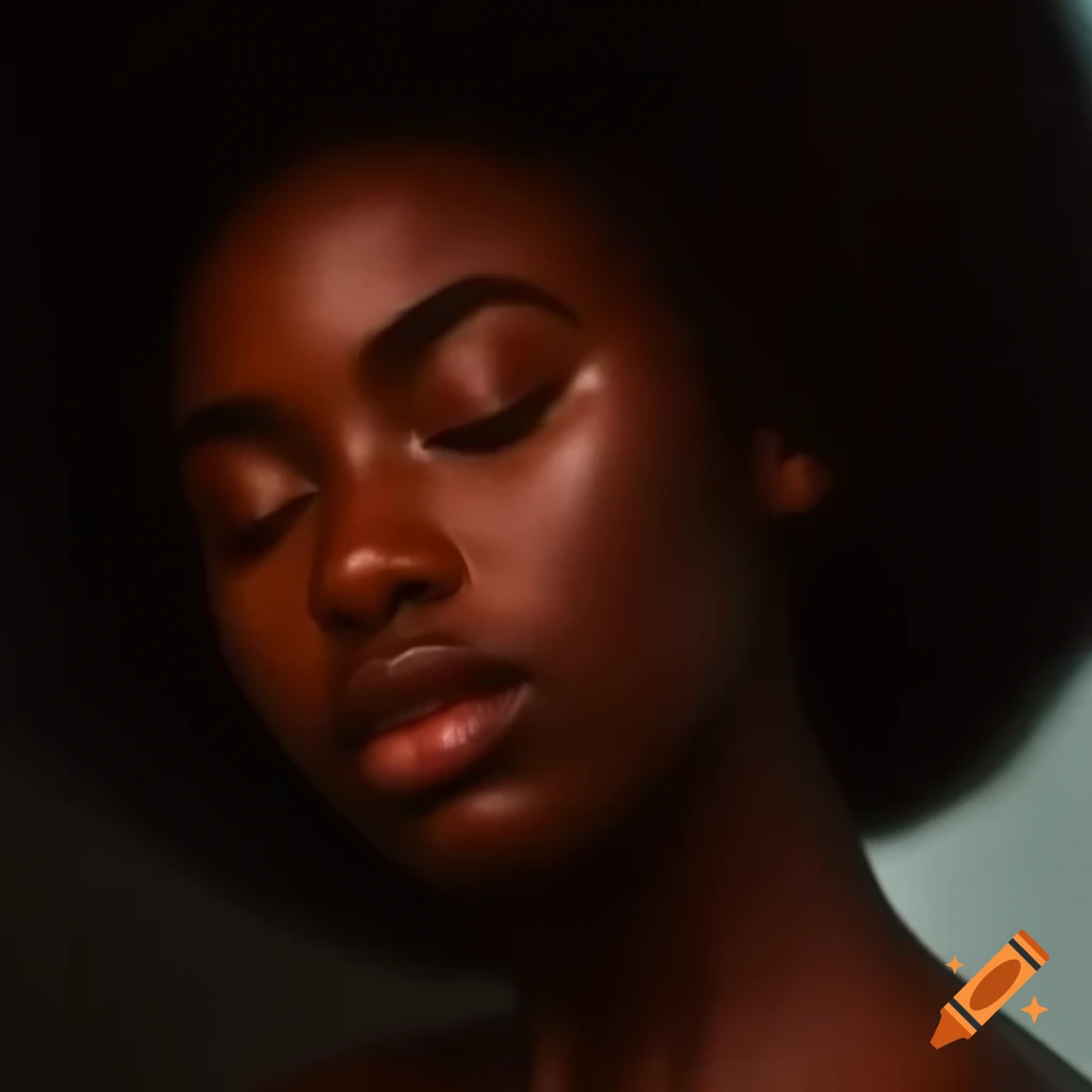 Captivating portrait of a young Black woman with eyes closed, emanating peace